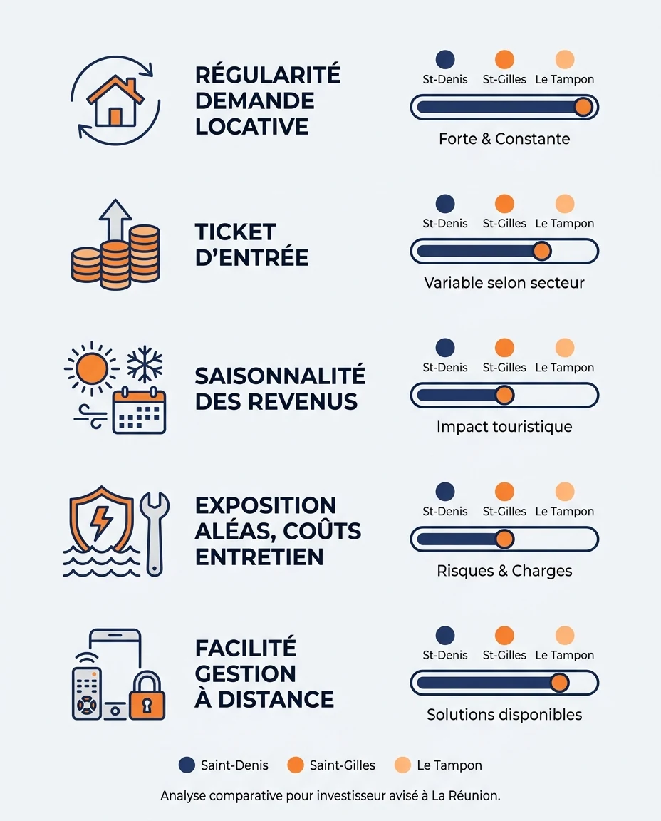 Infographie illustrant : Visuel pédagogique présentant cinq critères pour choisir sa ville d'investissement à La Réunion : régularité de la deman. Article Mouve