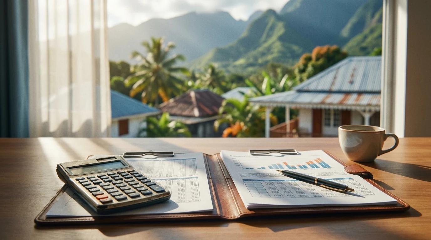 Plan de travail avec dossier de crédit immobilier et tableau d'amortissement, arrière-plan tropical réunionnais — illustration des taux immobiliers en DOM-TOM e
