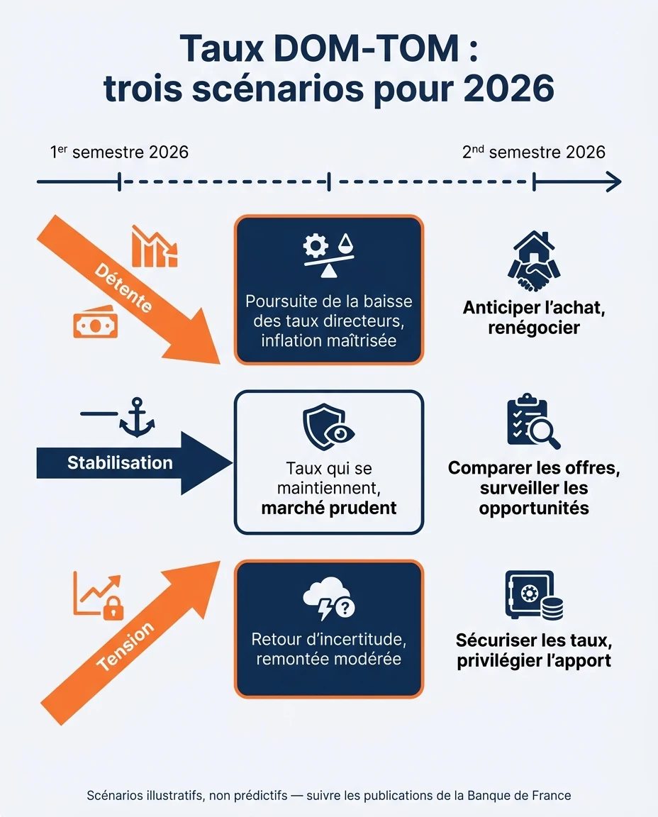 Infographie illustrant : Frise chronologique horizontale intitulée « Taux DOM-TOM : trois scénarios pour 2026 ». Un axe temps allant du 1er semes. Article Mouve