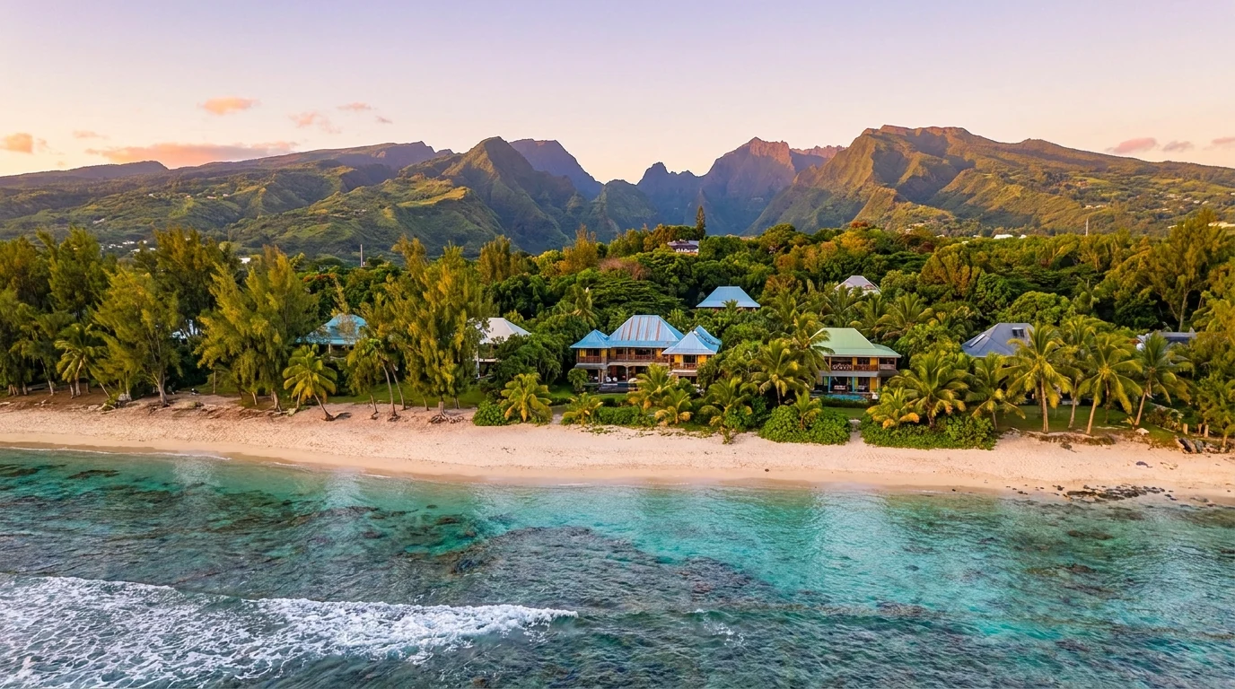 Vue panoramique du lagon et de la côte ouest de La Réunion avec cases créoles et reliefs des hauts — illustration du tourisme et de la location saisonnière réun