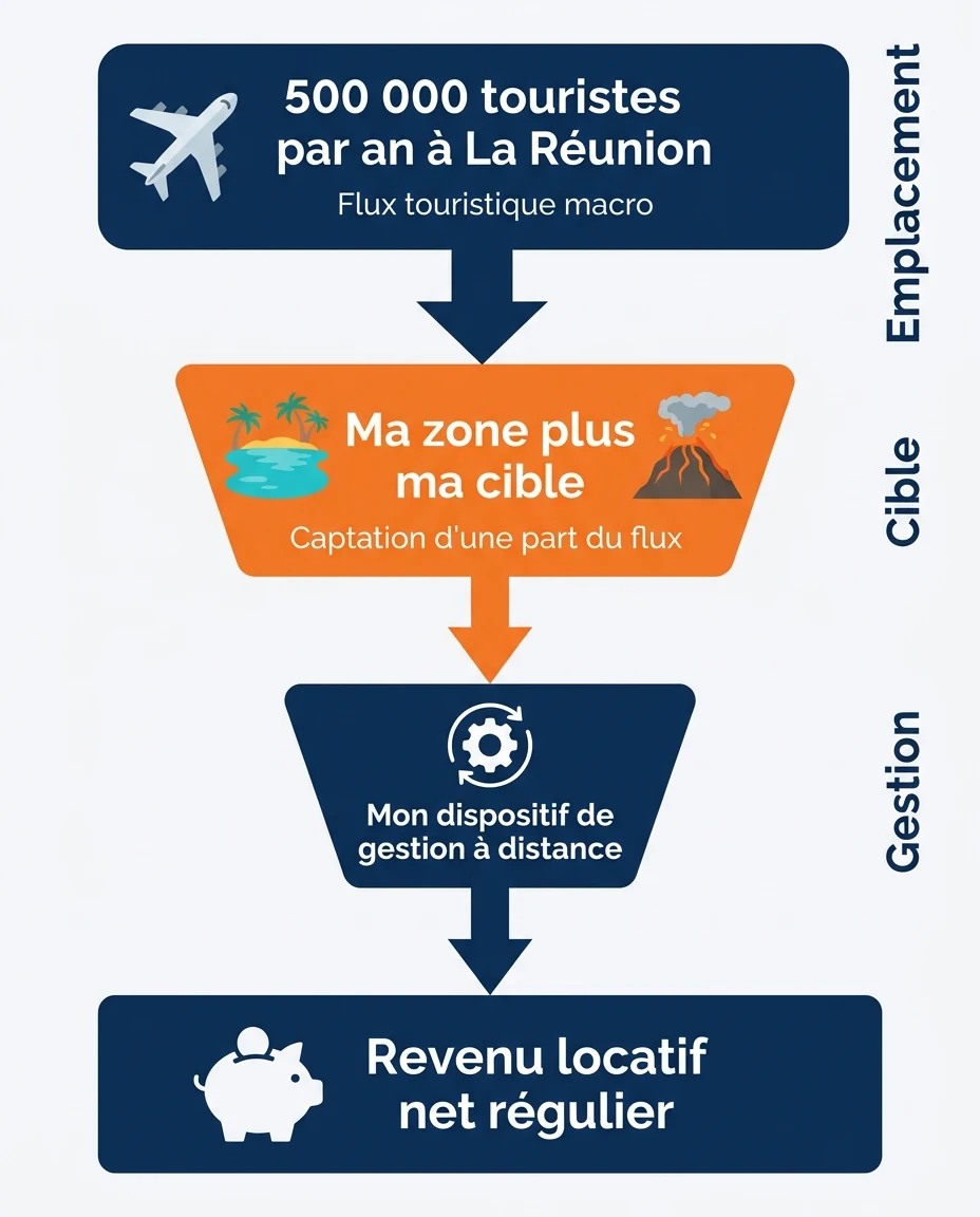 Infographie illustrant : Schéma entonnoir éditorial en trois paliers descendants sur fond ivoire clair, illustrant comment un flux touristique ma. Article Mouve