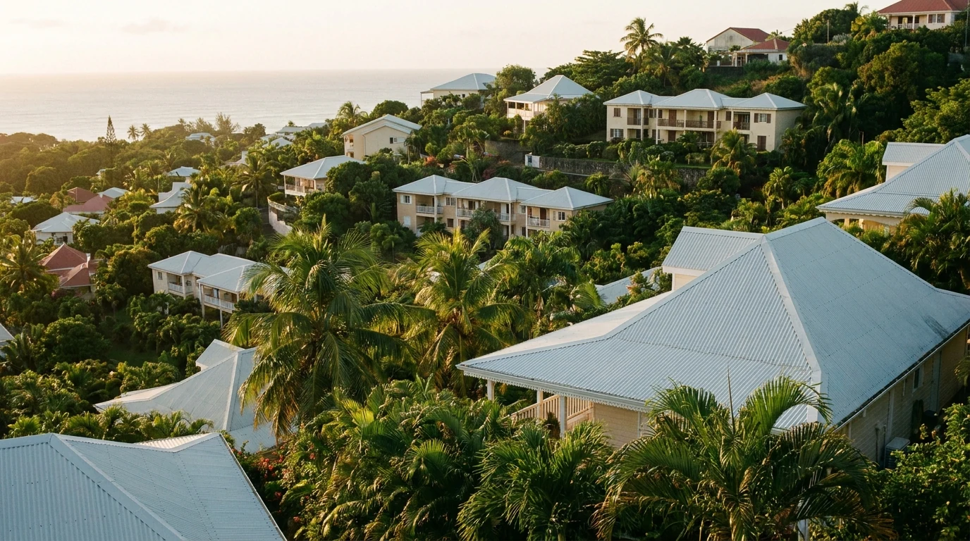 Quartier résidentiel tropical d outre-mer vu en plongée, maisons créoles et petits immeubles étagés sur un relief verdoyant face à l océan, illustrant l analyse