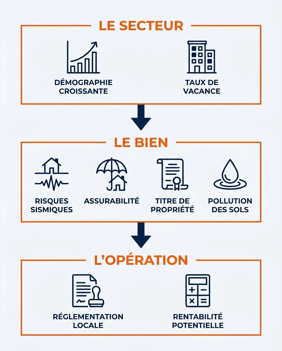 Infographie illustrant : Schéma en trois blocs verticaux représentant l ordre de vérification avant un achat immobilier outre-mer. Bloc 1 « Le se. Article Mouve