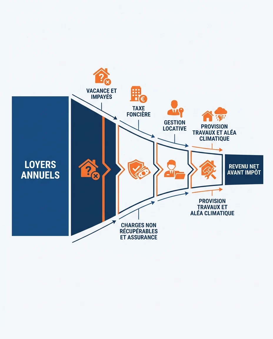 Infographie illustrant : Diagramme en entonnoir horizontal illustrant le passage du rendement brut au rendement net réel d un investissement loca. Article Mouve