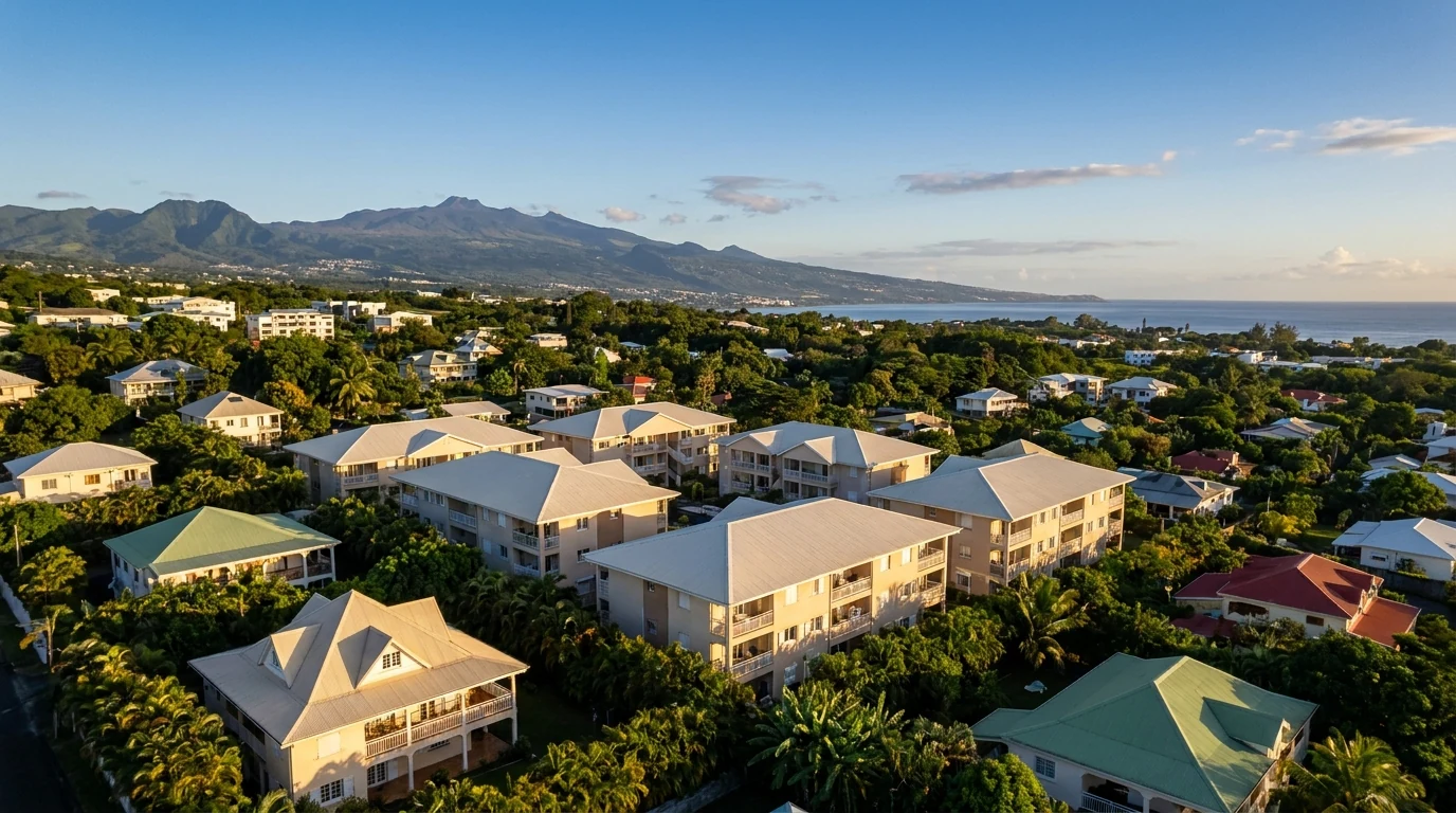 Quartier résidentiel ultramarin en fin de journée illustrant la rentabilité d'un investissement immobilier outre-mer face à l'avantage fiscal.