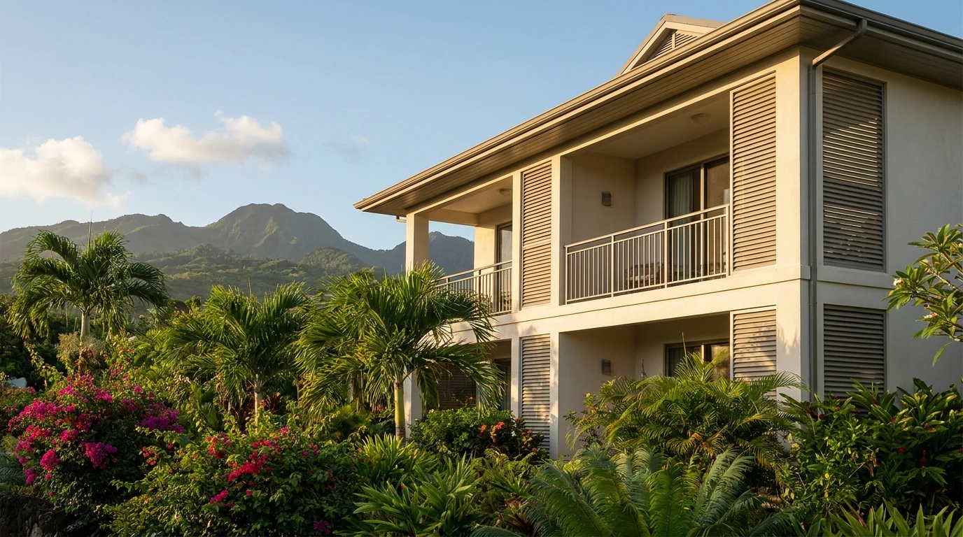 Immeuble résidentiel locatif sous climat tropical dans les DOM-TOM, illustrant le calcul du cash flow positif en immobilier outre-mer