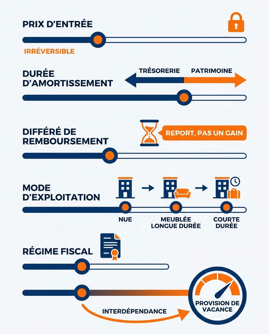 Infographie illustrant : Panneau de bord de modélisation en cinq curseurs horizontaux représentant les cinq leviers du cash flow locatif ultramar. Article Mouve
