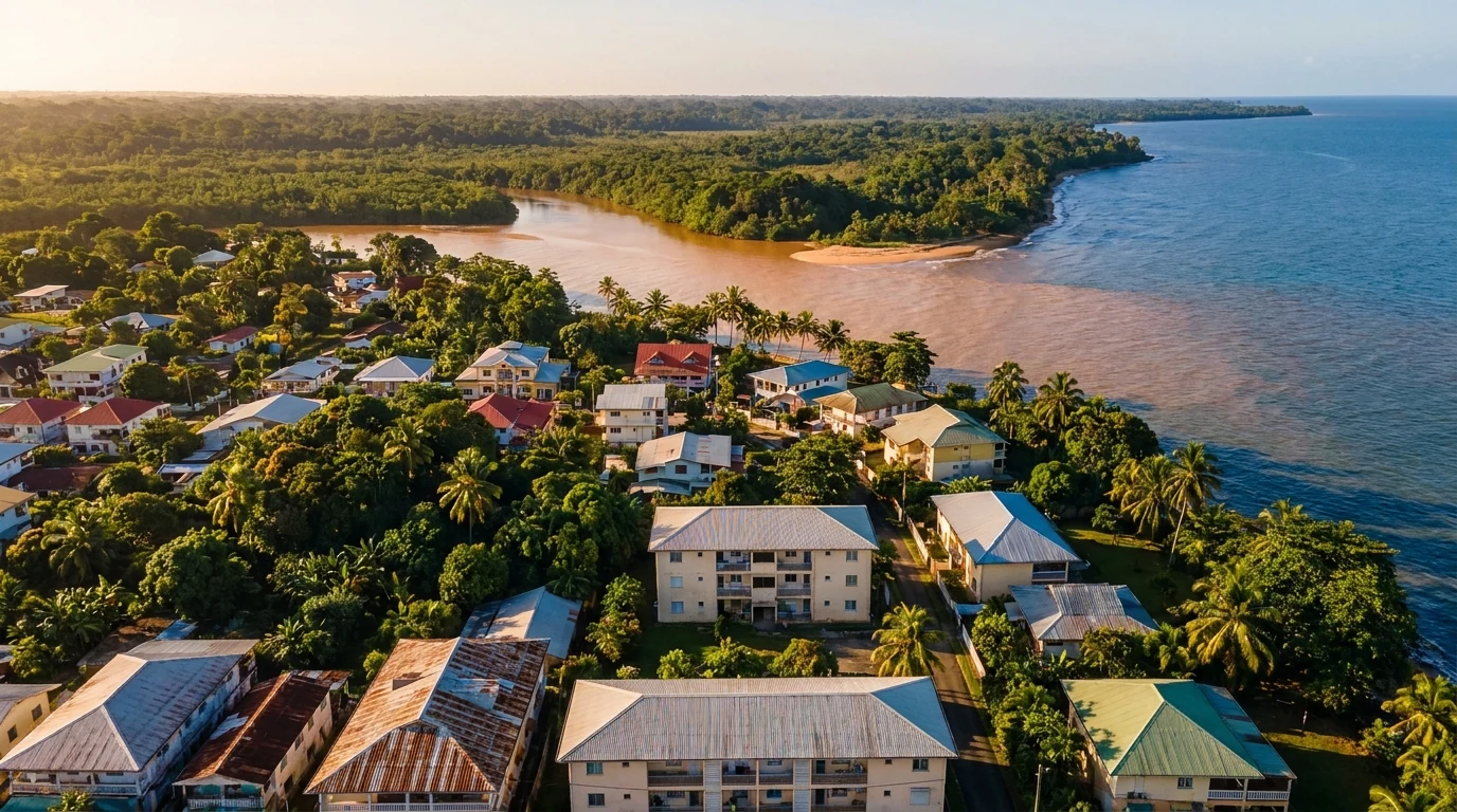 Vue aérienne d'une ville littorale de Guyane au lever du soleil, toits créoles et forêt amazonienne — illustration du marché immobilier de Cayenne en 2026.