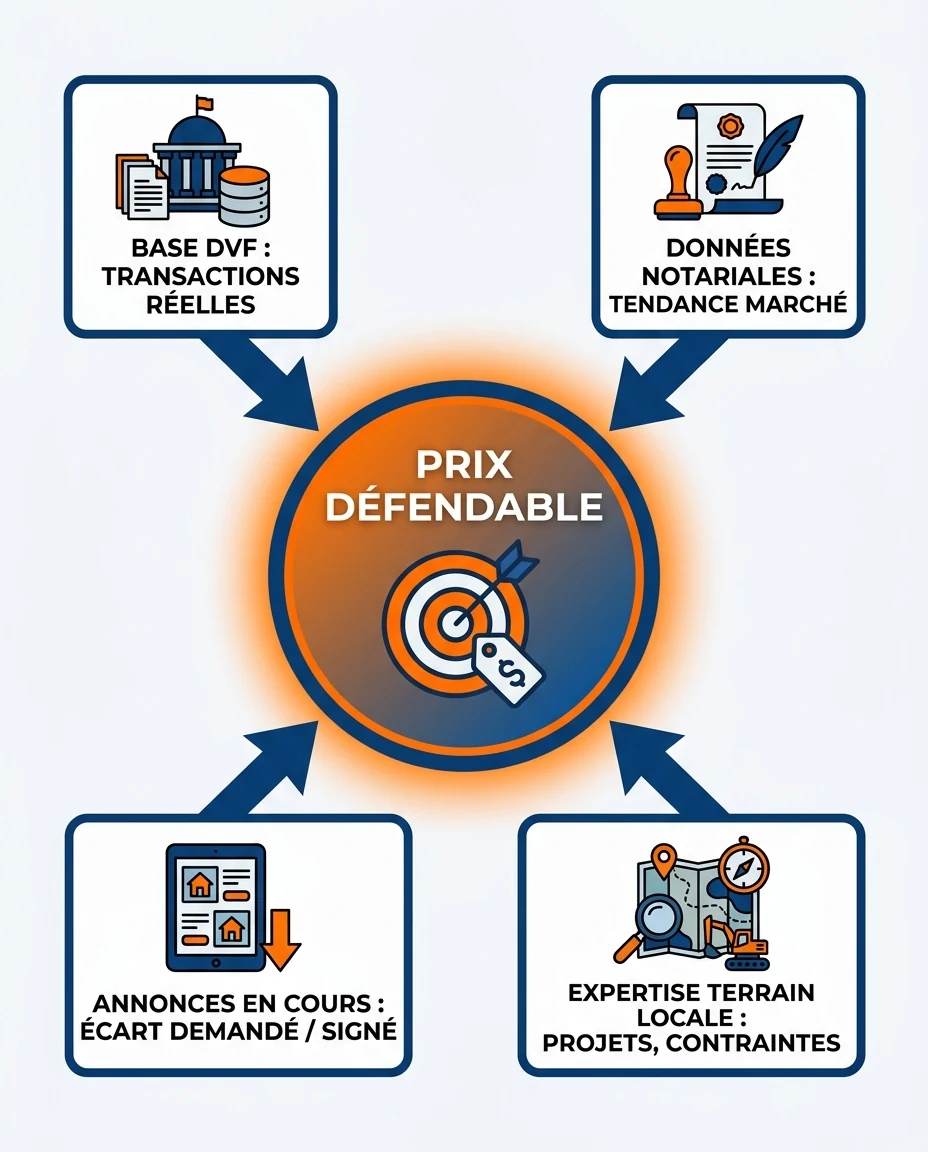 Infographie illustrant : Schéma méthodologique en quatre blocs illustrant la construction d'une référence de prix immobilier fiable sur un marché. Article Mouve