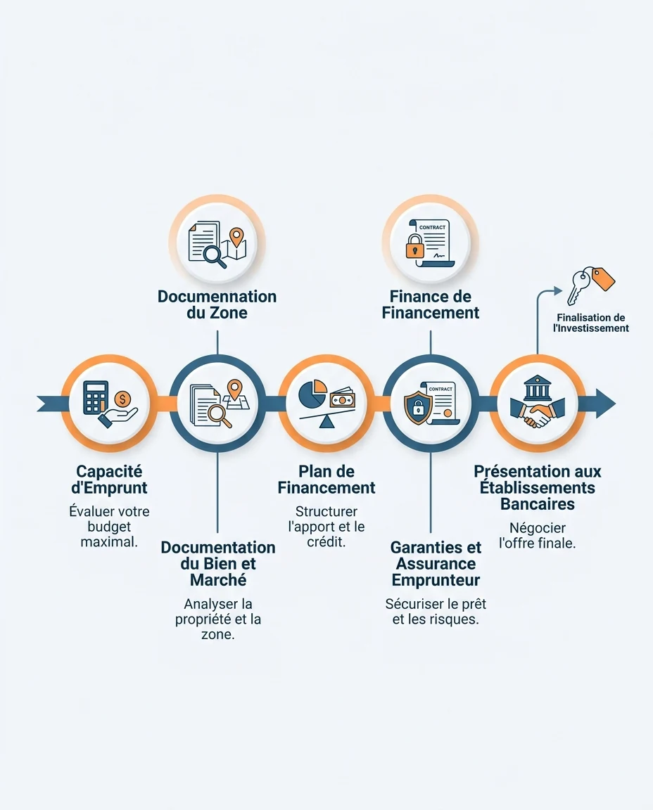 Infographie illustrant : Schéma en cinq étapes horizontales représentant le parcours de financement d'un investissement immobilier en Guyane : ca. Article Mouve