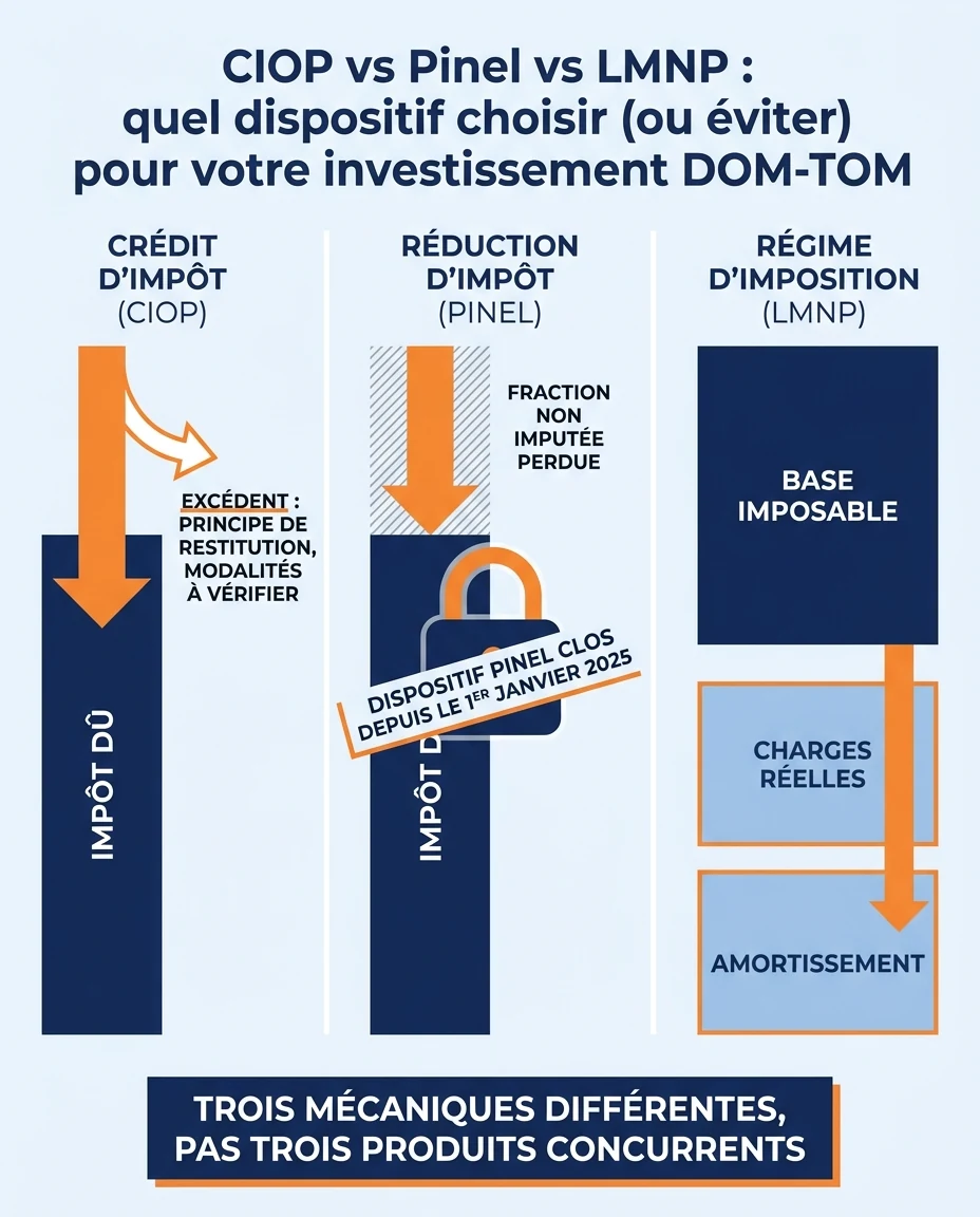 Infographie illustrant : Schéma pédagogique en français, sans aucun chiffre d'économie, illustrant trois mécaniques fiscales distinctes sur trois. Article Mouve