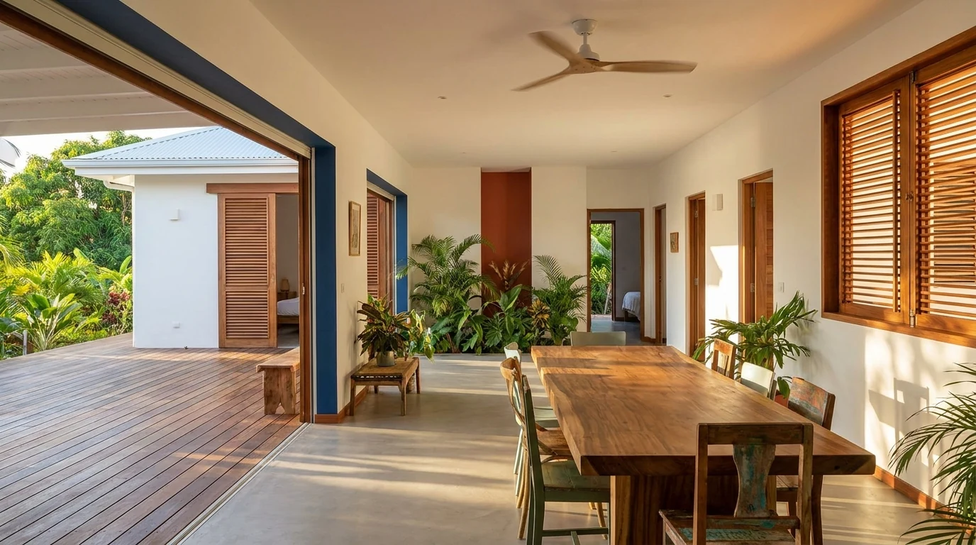 Séjour commun lumineux d'une grande maison créole aménagée en colocation outre-mer, avec terrasse en bois et couloir desservant plusieurs chambres.