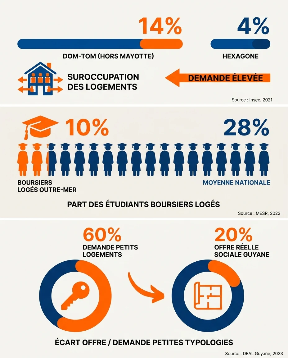 Infographie illustrant : Composition éditoriale en trois bandeaux horizontaux superposés illustrant la demande de colocation ultramarine prouvée . Article Mouve