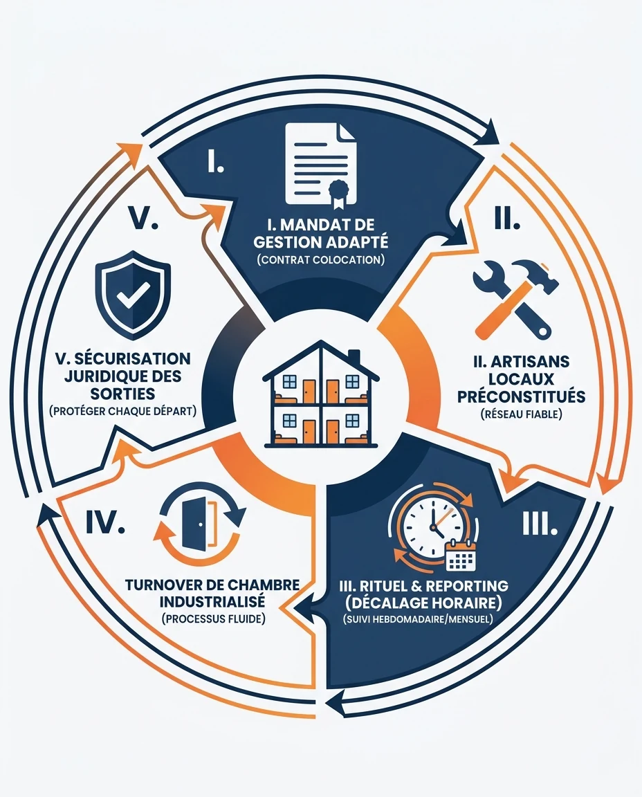 Infographie illustrant : Schéma circulaire éditorial en cinq quartiers représentant le cycle de gestion à distance d'une colocation ultramarine, . Article Mouve