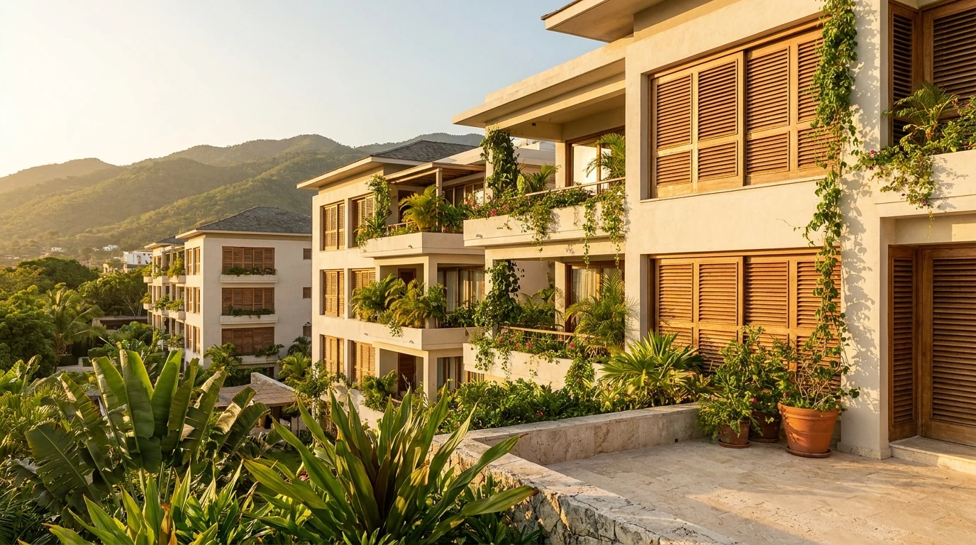 Immeubles résidentiels contemporains dans une ville tropicale d outre-mer au coucher du soleil, illustrant l investissement locatif outre-mer et les revenus loc