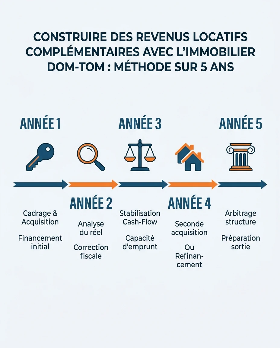Infographie illustrant : Frise horizontale en cinq jalons annuels illustrant la construction de revenus locatifs complémentaires outre-mer sur ci. Article Mouve