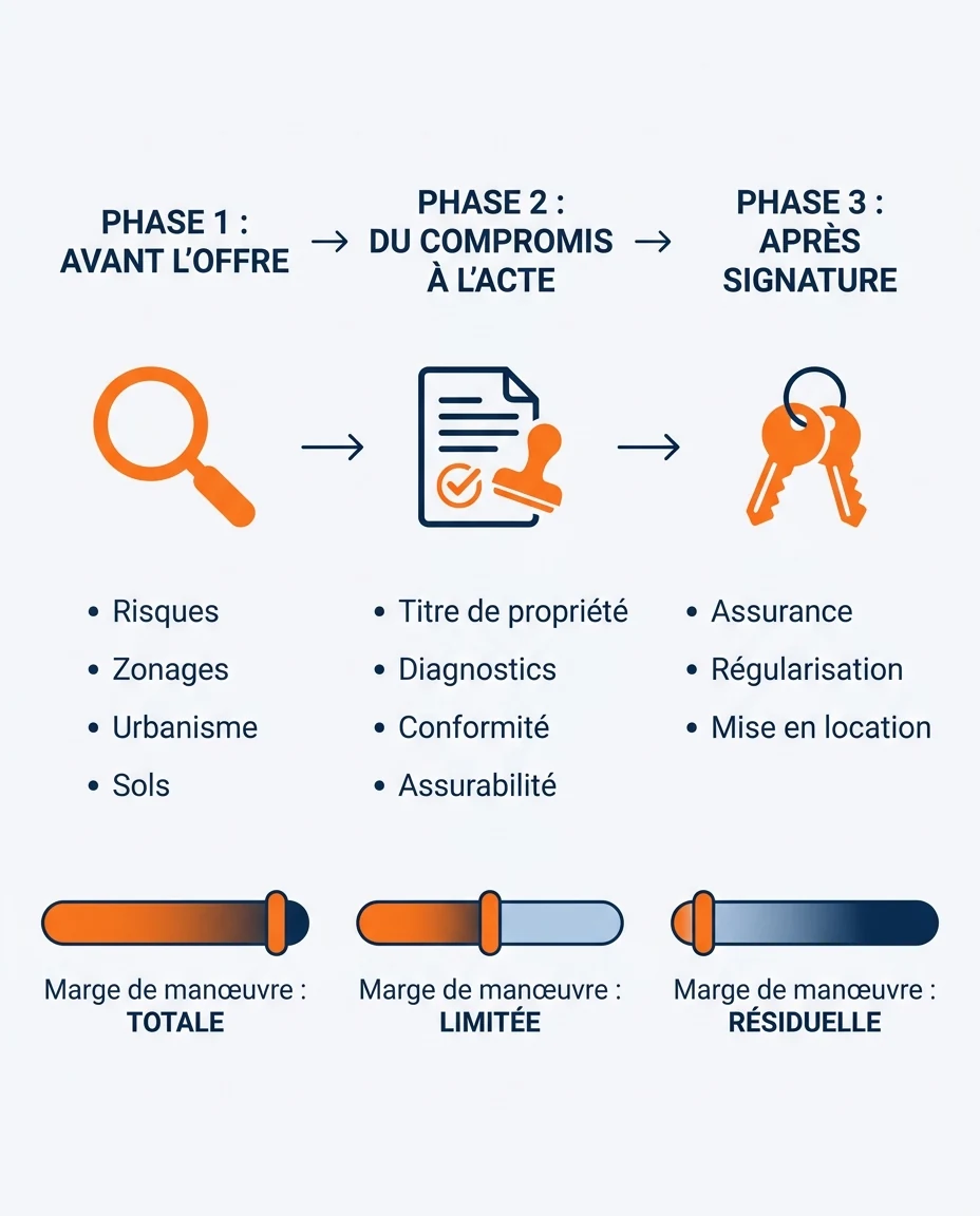 Infographie illustrant : Frise horizontale en trois phases représentant la due diligence immobilière outre-mer : Phase 1 avant l offre (pictogram. Article Mouve
