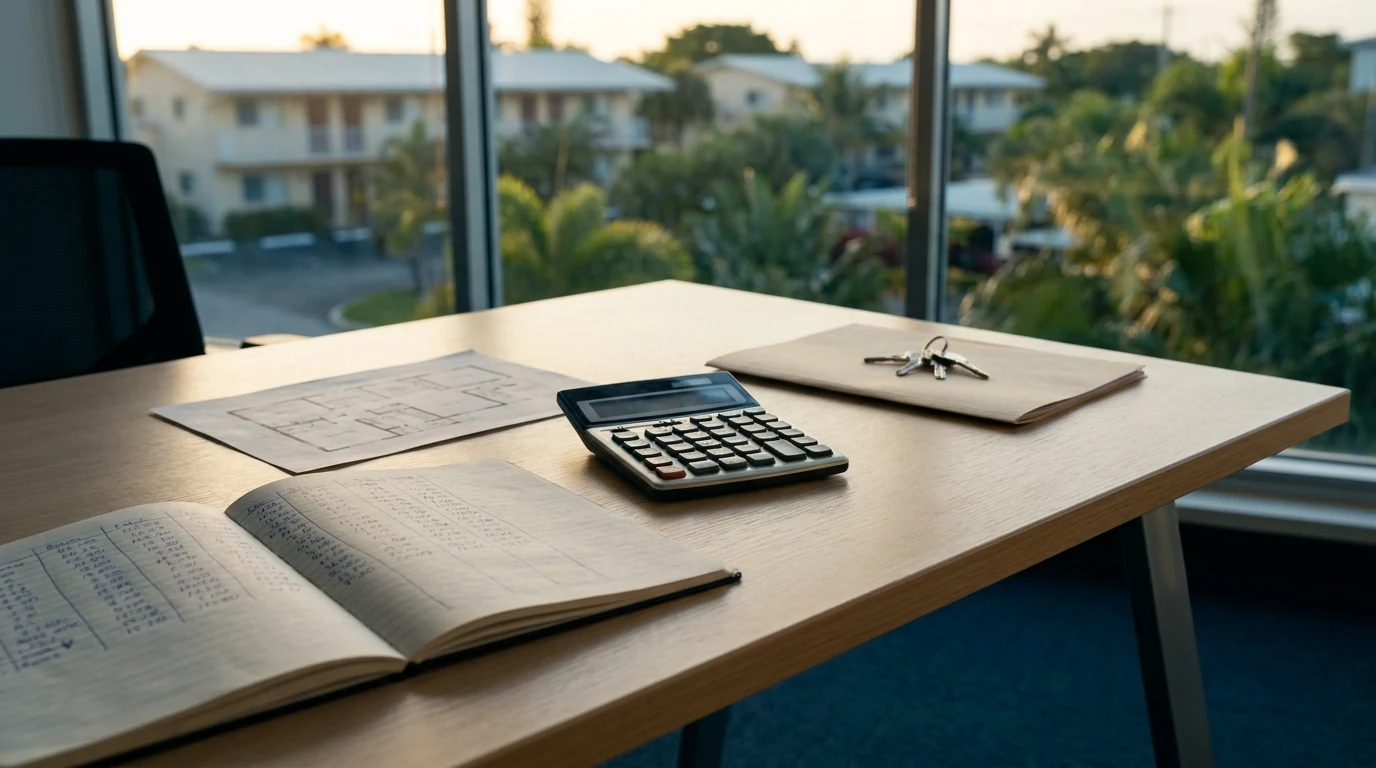 Carnet de calculs, calculatrice et plan d'appartement sur un bureau : l'éducation financière appliquée à un investissement immobilier outre-mer