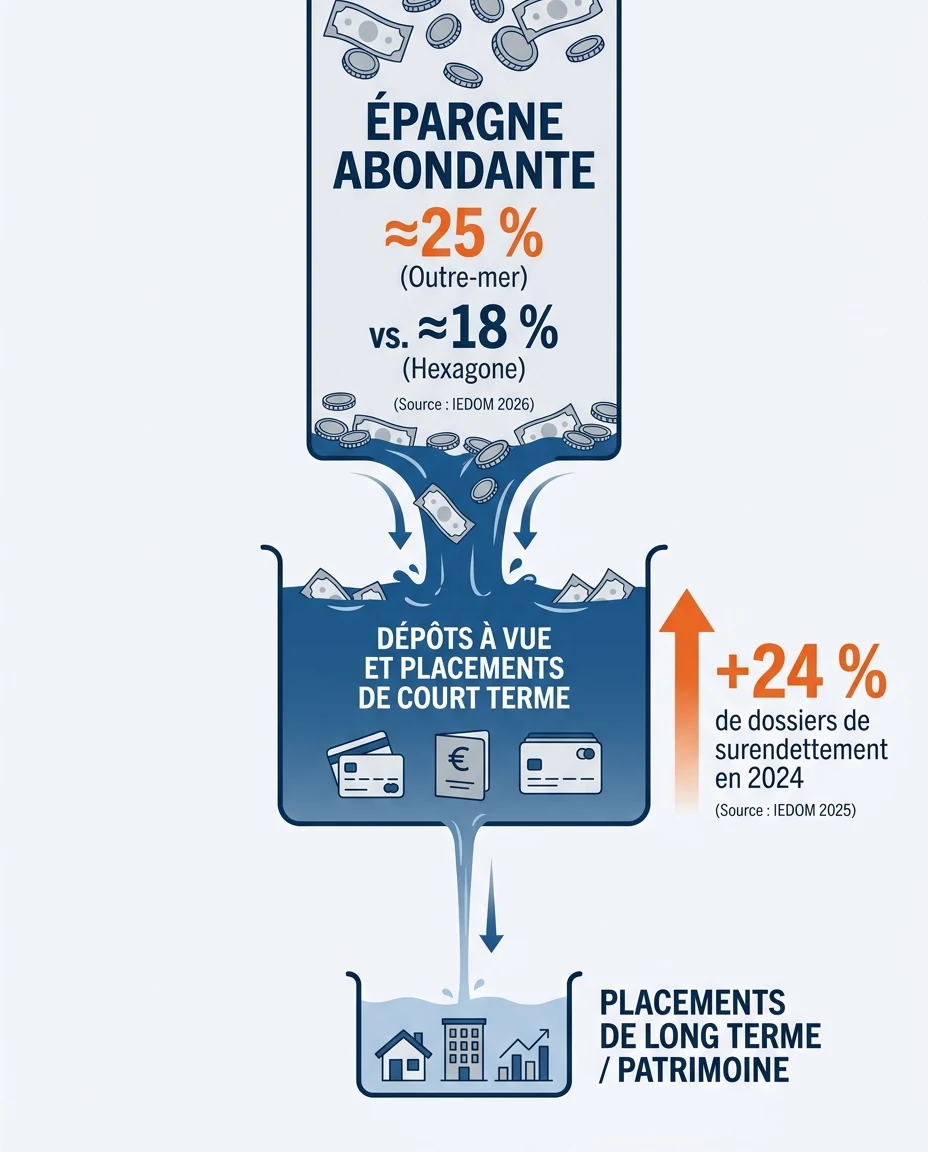 Infographie illustrant : Schéma vertical illustrant le parcours de l'épargne ultramarine : une large colonne « épargne abondante » (≈25 % contre . Article Mouve