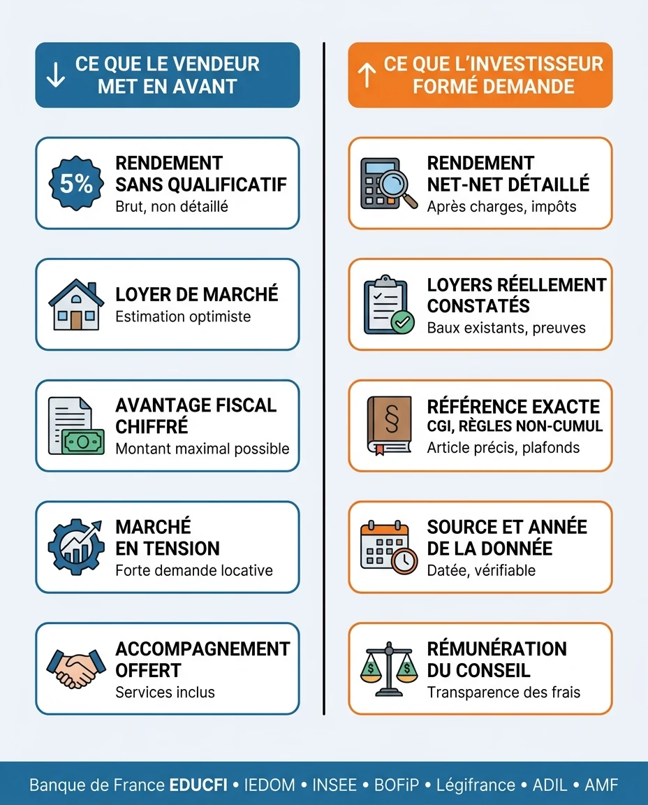 Infographie illustrant : Comparatif visuel en deux colonnes opposées, style éditorial premium : à gauche « Ce que le vendeur met en avant » (rend. Article Mouve