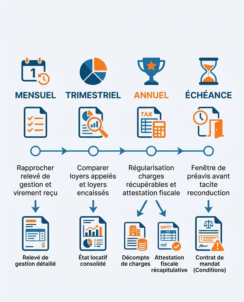 Infographie illustrant : Frise horizontale en francais representant la routine de controle d'un bailleur non resident sur son mandat de gestion l. Article Mouve