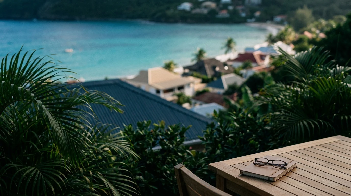 Balcon d'un appartement ouvrant sur une baie tropicale antillaise au lever du jour, illustrant l'investissement immobilier outre-mer d'un expatrié non-résident