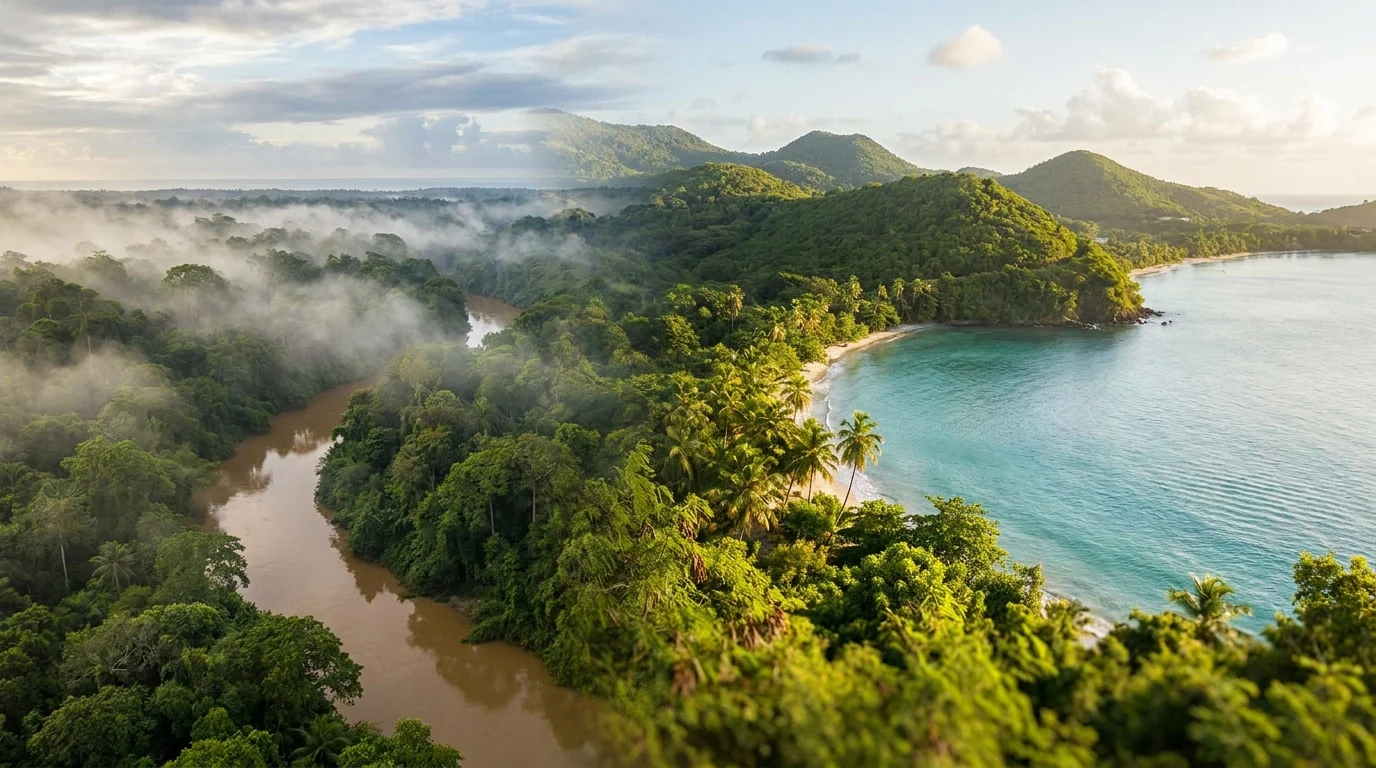 Paysages contrastés de Guyane et de Martinique : forêt tropicale traversée par un fleuve et baie volcanique turquoise, illustrant le comparatif du rendement loc