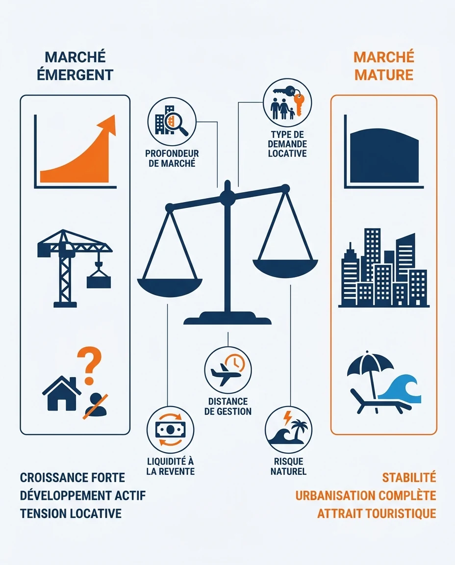 Infographie illustrant : Schéma pédagogique opposant deux logiques de marché immobilier d'outre-mer : à gauche un marché émergent (courbe démogra. Article Mouve