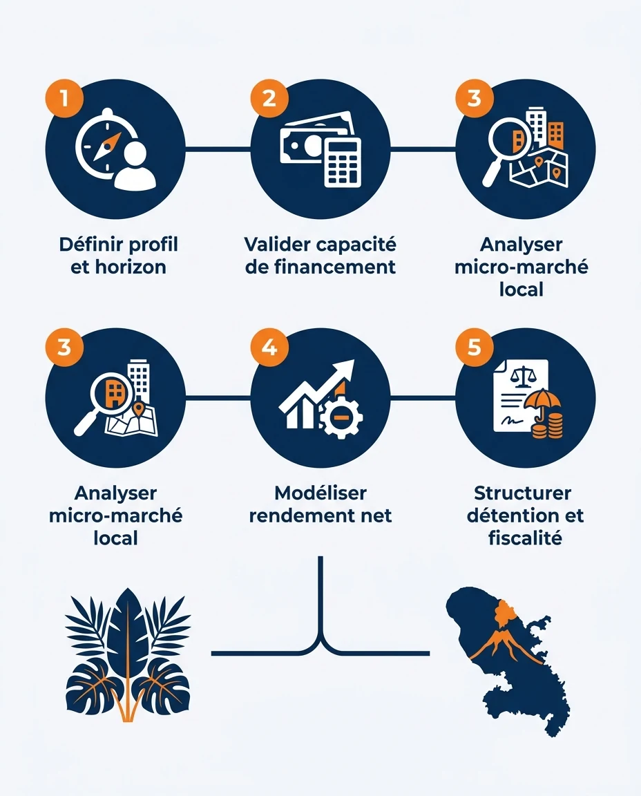 Infographie illustrant : Chemin de décision en cinq étapes présenté horizontalement sous forme de jalons numérotés reliés par une ligne continue . Article Mouve