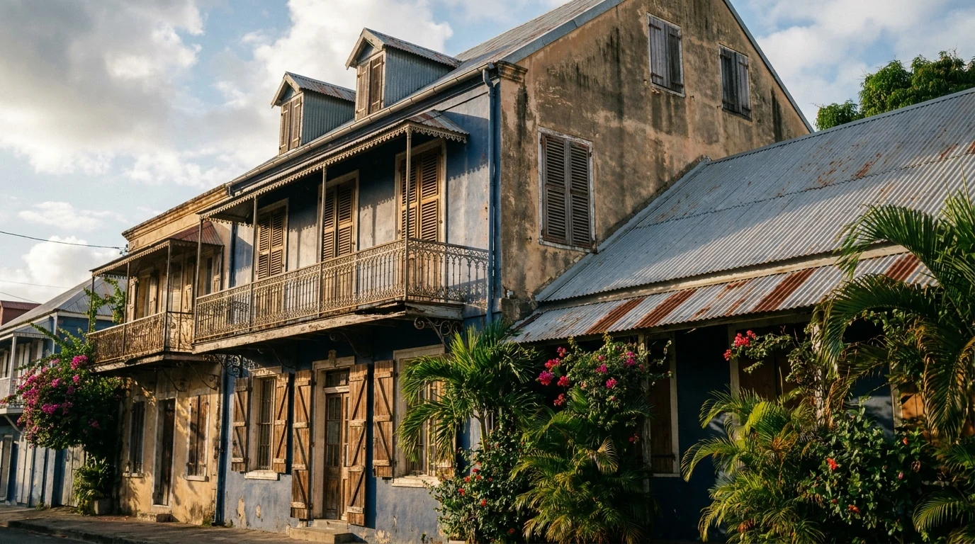 Façade d'un immeuble de rapport ancien en centre-bourg antillais — investissement locatif dans un immeuble entier en DOM-TOM.