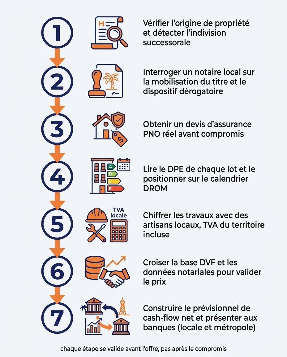 Infographie illustrant : Séquence de due diligence en sept étapes pour l'achat d'un immeuble de rapport ancien outre-mer, en frise verticale desc. Article Mouve