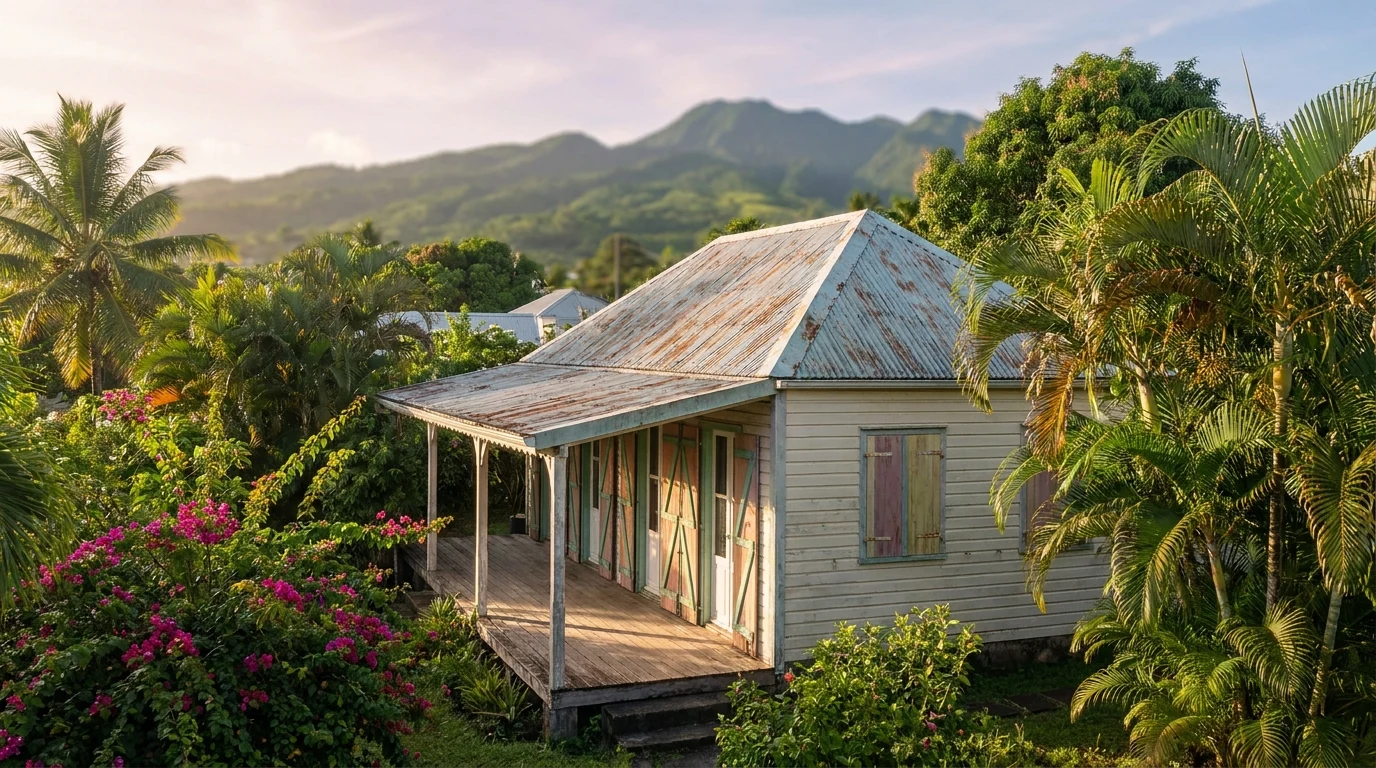 Maison créole traditionnelle dans un quartier résidentiel d outre-mer au lever du jour, illustrant l achat immobilier à deux en couple ou en famille dans les DO