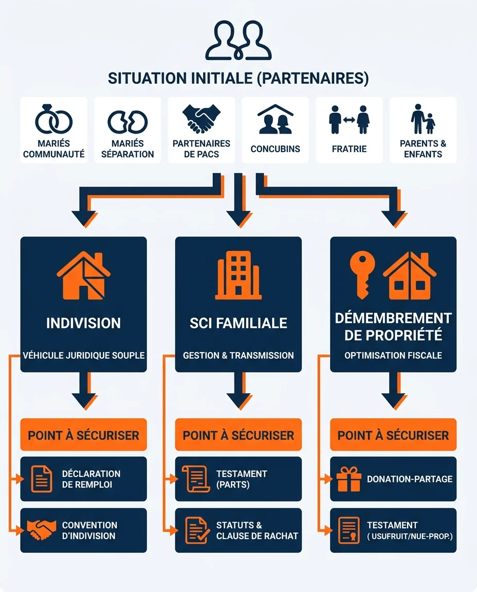Infographie illustrant : Arbre de décision vertical à trois niveaux pour choisir un montage d achat immobilier à deux en outre-mer. Premier nivea. Article Mouve