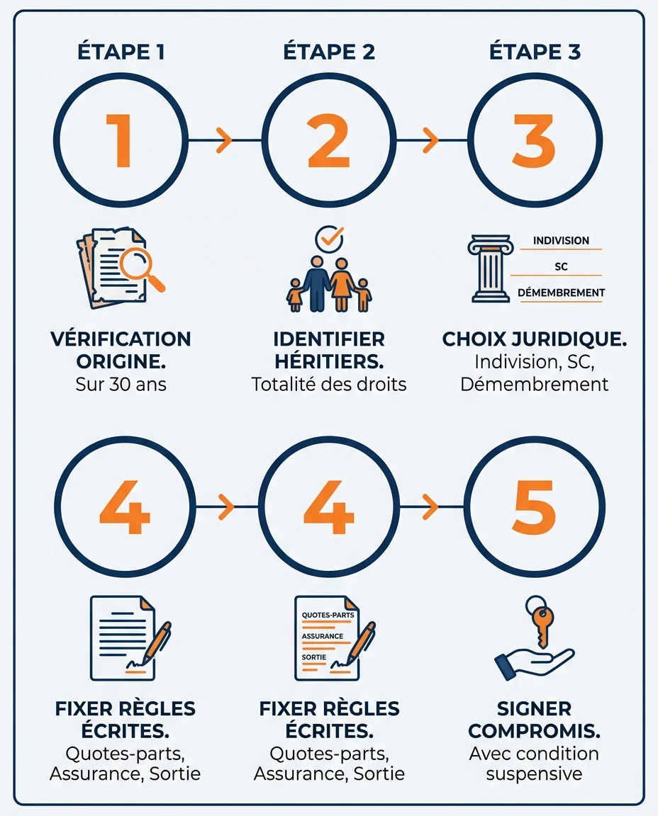 Infographie illustrant : Frise horizontale en cinq étapes représentant la vérification préalable et la sécurisation d un achat immobilier à deux . Article Mouve