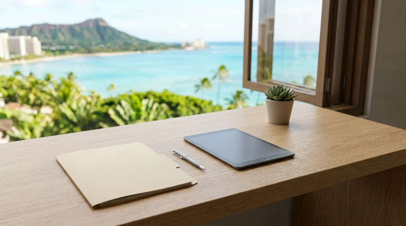 Bureau de travail près d une fenêtre ouverte sur un paysage tropical, illustrant un investissement immobilier DOM-TOM piloté à distance depuis la métropole