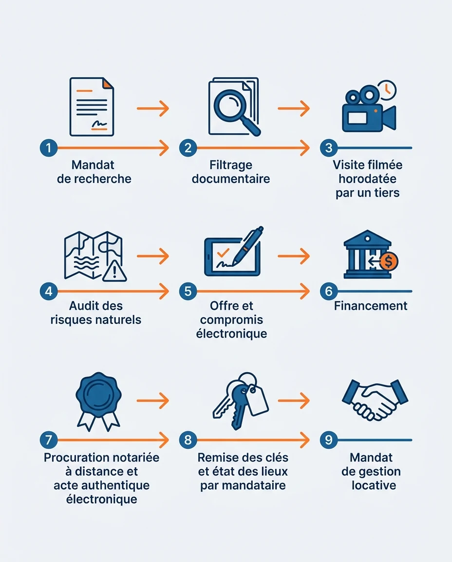 Infographie illustrant : Frise horizontale en neuf jalons représentant la chaîne d un achat immobilier outre-mer piloté à distance depuis la métr. Article Mouve