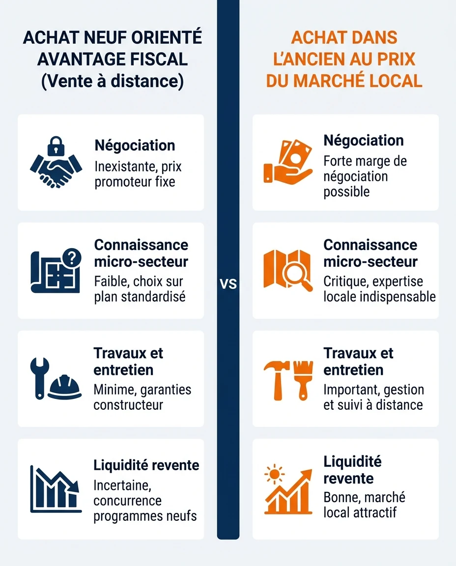 Infographie illustrant : Schéma comparatif en deux colonnes opposant deux approches d un investissement immobilier outre-mer réalisé depuis la mé. Article Mouve