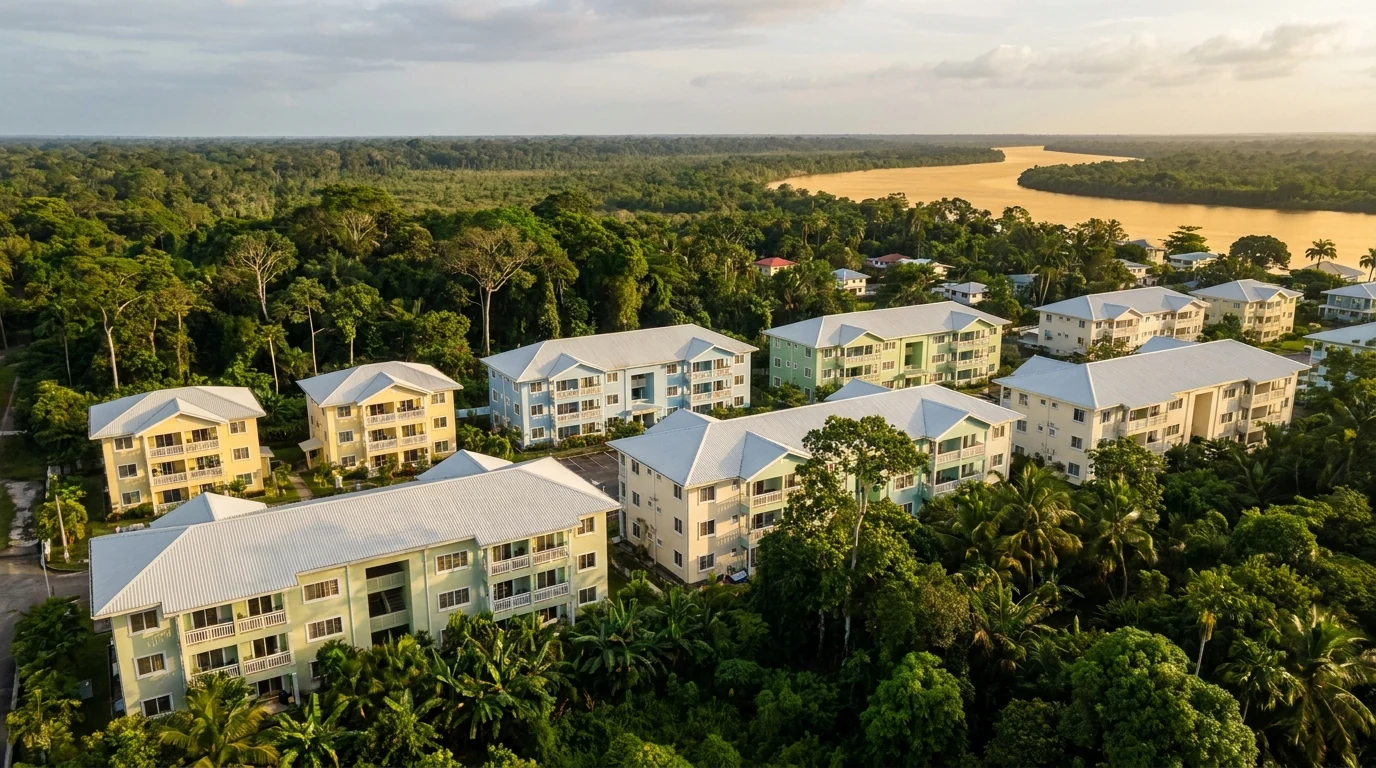 Vue aérienne d'un quartier résidentiel neuf du littoral guyanais bordé de forêt tropicale, illustrant l'investissement immobilier en Guyane