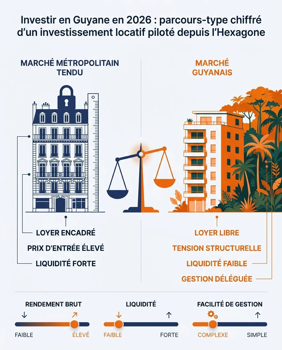 Infographie illustrant : Schéma comparatif en deux colonnes opposées illustrant l'arbitrage d'un bailleur de l'Hexagone. Colonne gauche, un march. Article Mouve