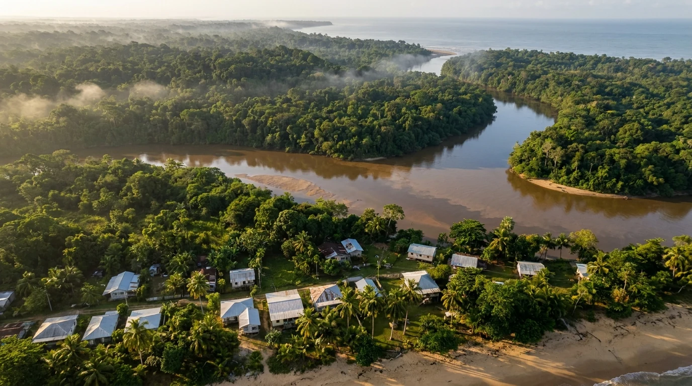 Vue aérienne du littoral guyanais au lever du soleil, forêt amazonienne et fleuve rejoignant l'Atlantique — illustration du marché immobilier de la Guyane.