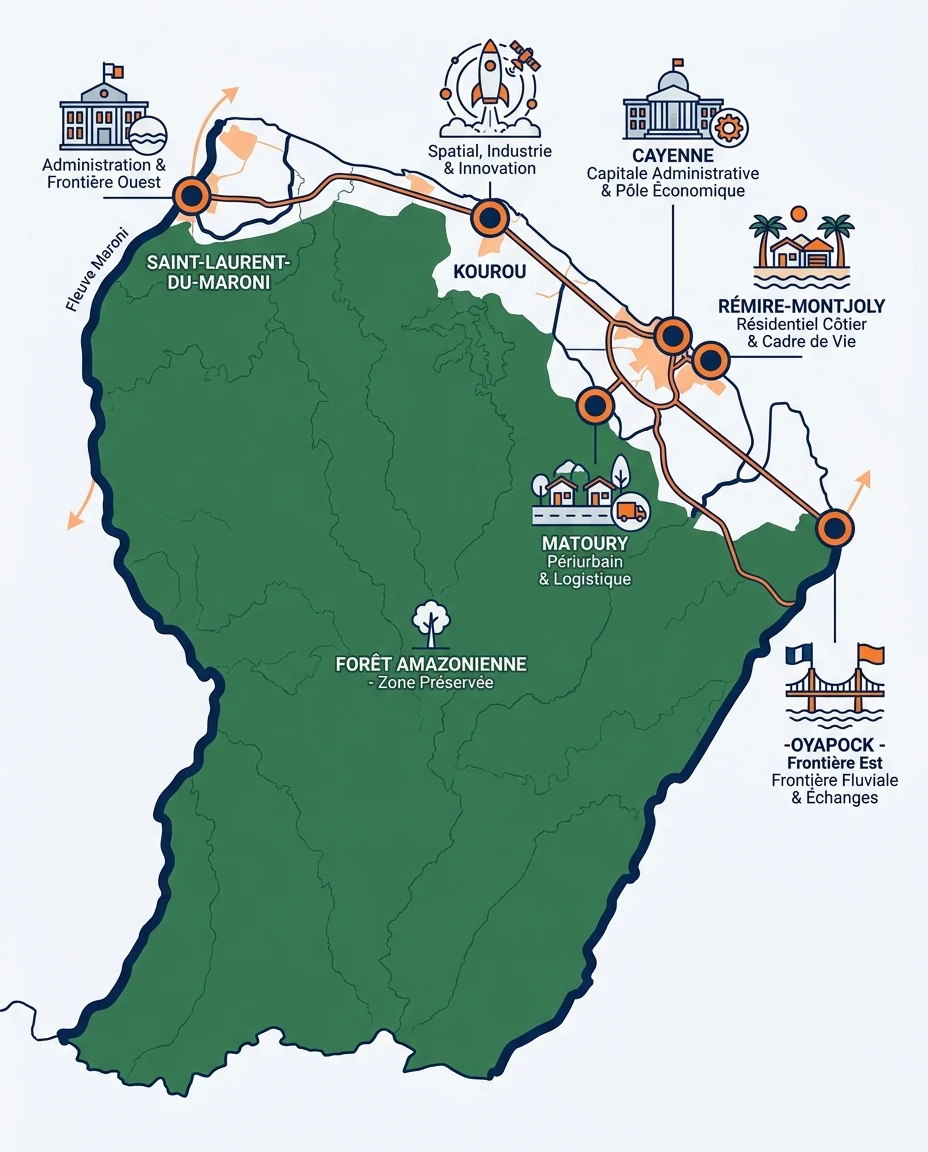 Infographie illustrant : Carte schématique stylisée de la Guyane française montrant la bande littorale habitée d'ouest en est avec quatre à cinq . Article Mouve