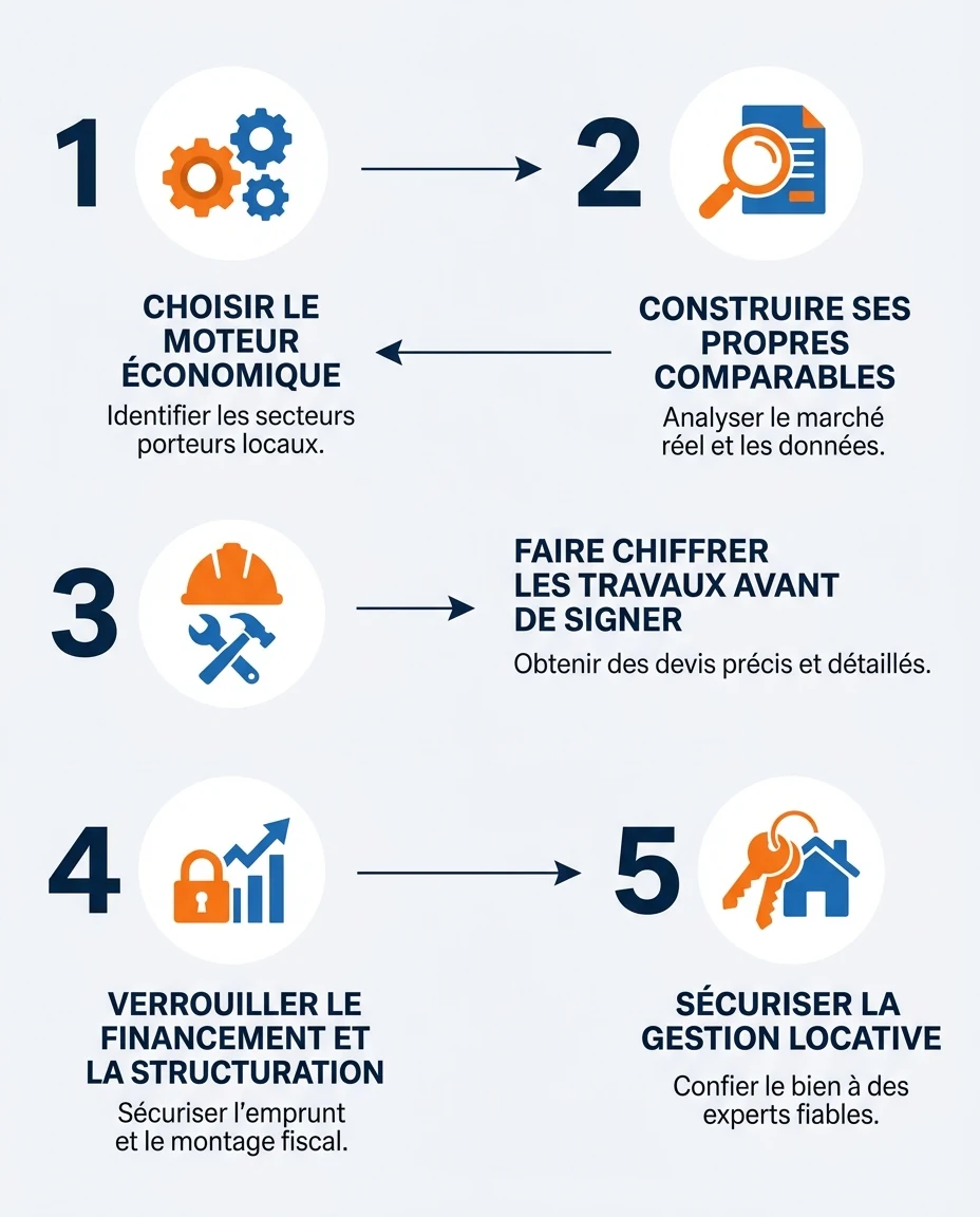 Infographie illustrant : Schéma de processus en cinq étapes numérotées disposées horizontalement : 1 choisir le moteur économique (pictogramme ro. Article Mouve