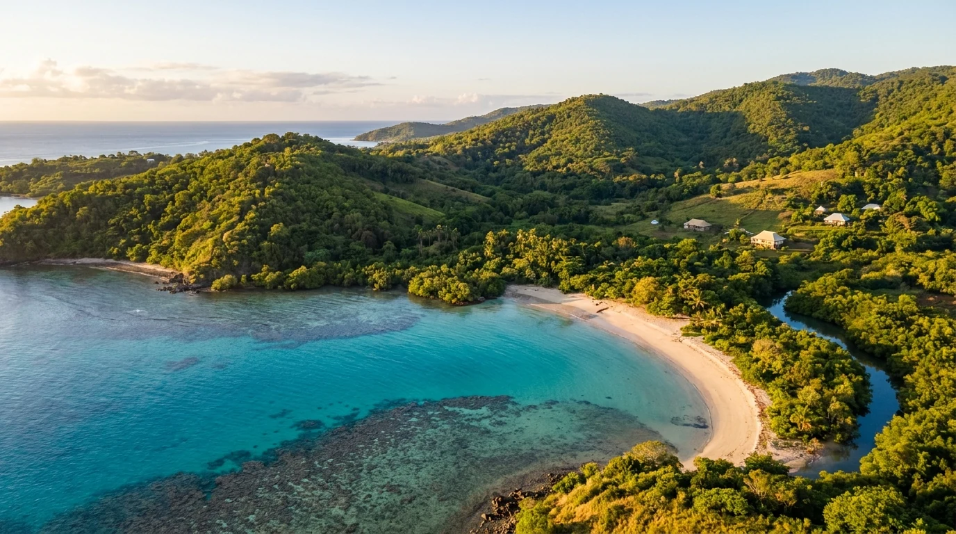 Vue aérienne du littoral et du lagon de Mayotte au lever du soleil, illustrant le marché immobilier du 101ème département français