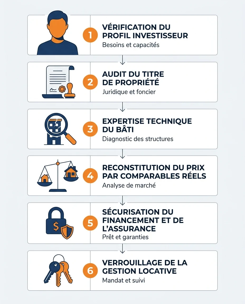 Infographie illustrant : Schéma vertical en six blocs numérotés illustrant la méthode de sécurisation d'un investissement immobilier sur un march. Article Mouve