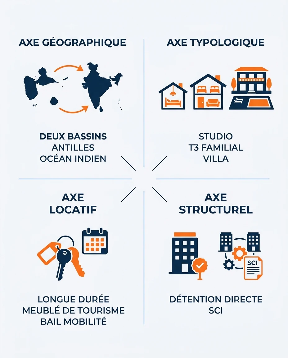 Infographie illustrant : Schéma en quatre quadrants représentant les quatre axes de diversification d un portefeuille immobilier outre-mer : axe . Article Mouve