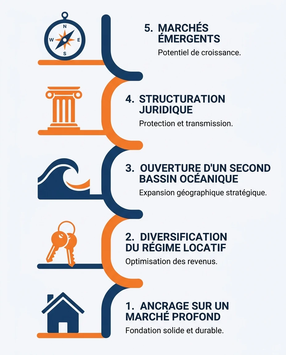 Infographie illustrant : Frise verticale en cinq paliers illustrant la construction progressive d un portefeuille immobilier outre-mer : ancrage . Article Mouve