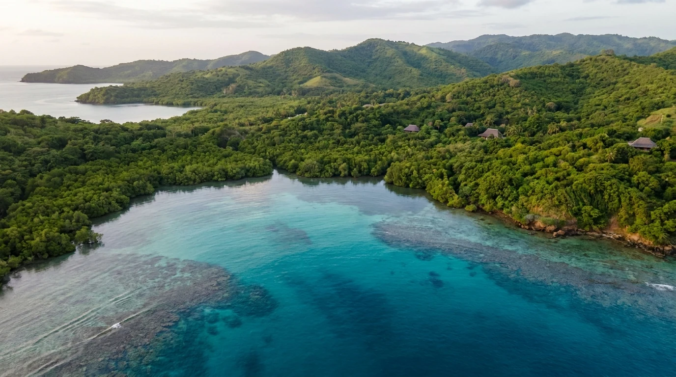 Vue aérienne du lagon et du littoral verdoyant de Mayotte, illustrant le marché immobilier méconnu du 101e département français.
