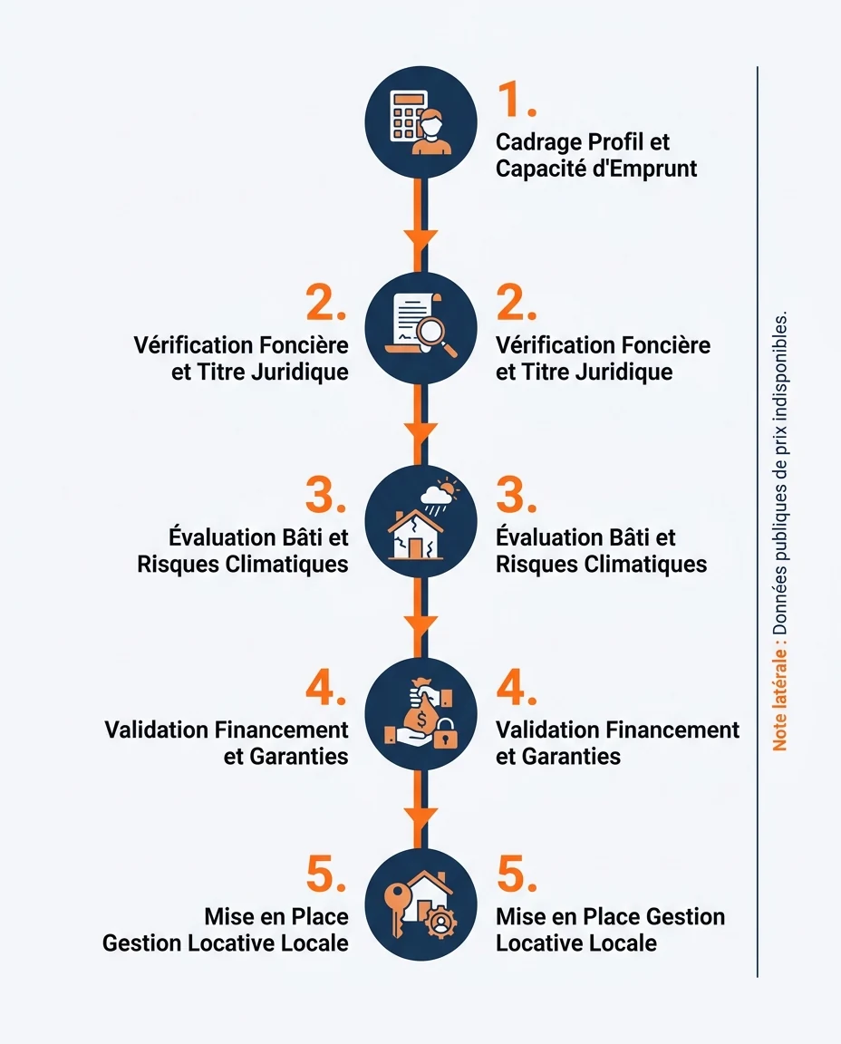 Infographie illustrant : Parcours vertical en cinq paliers illustrant l'instruction d'un projet immobilier à Mayotte : cadrage du profil et de la. Article Mouve