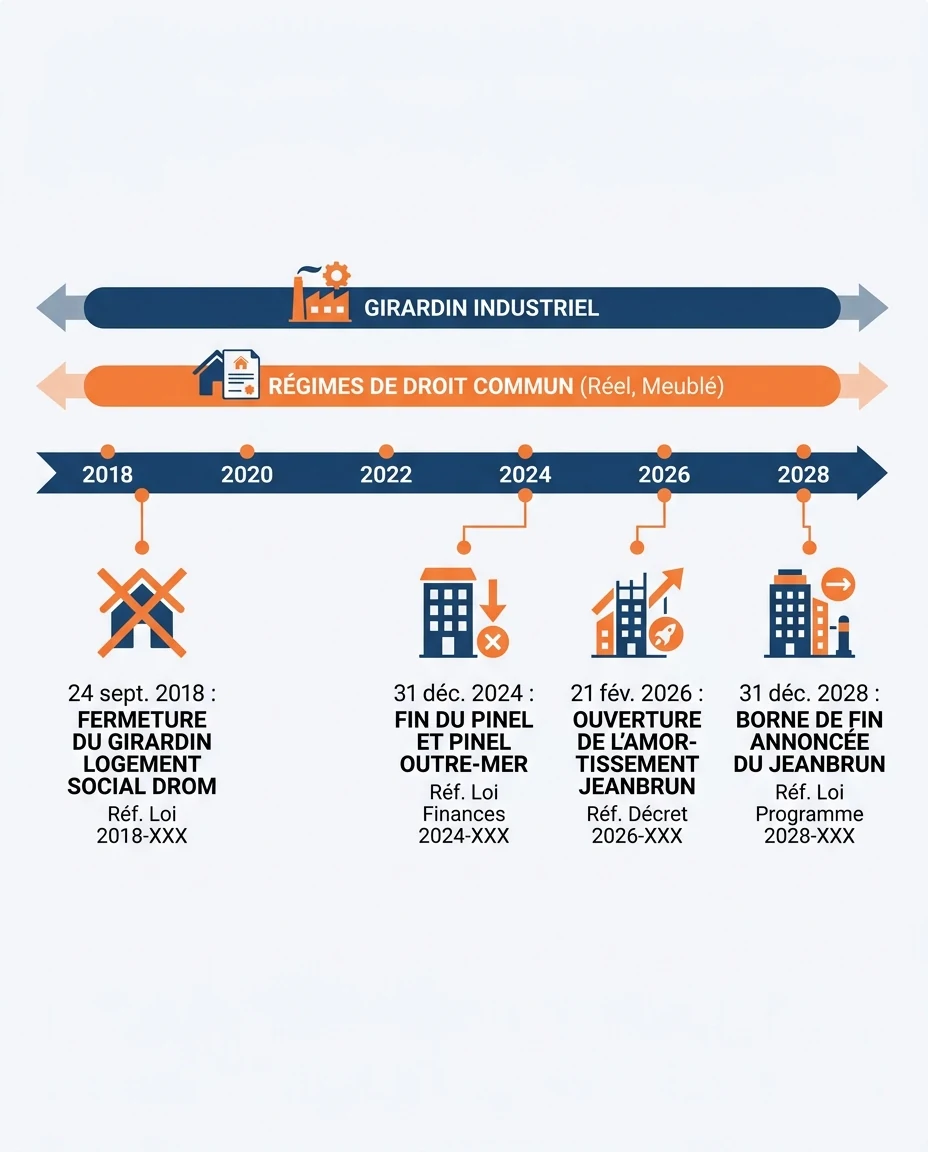 Infographie illustrant : Frise chronologique horizontale montrant l'évolution des régimes fiscaux de l'immobilier locatif outre-mer de 2018 à 202. Article Mouve