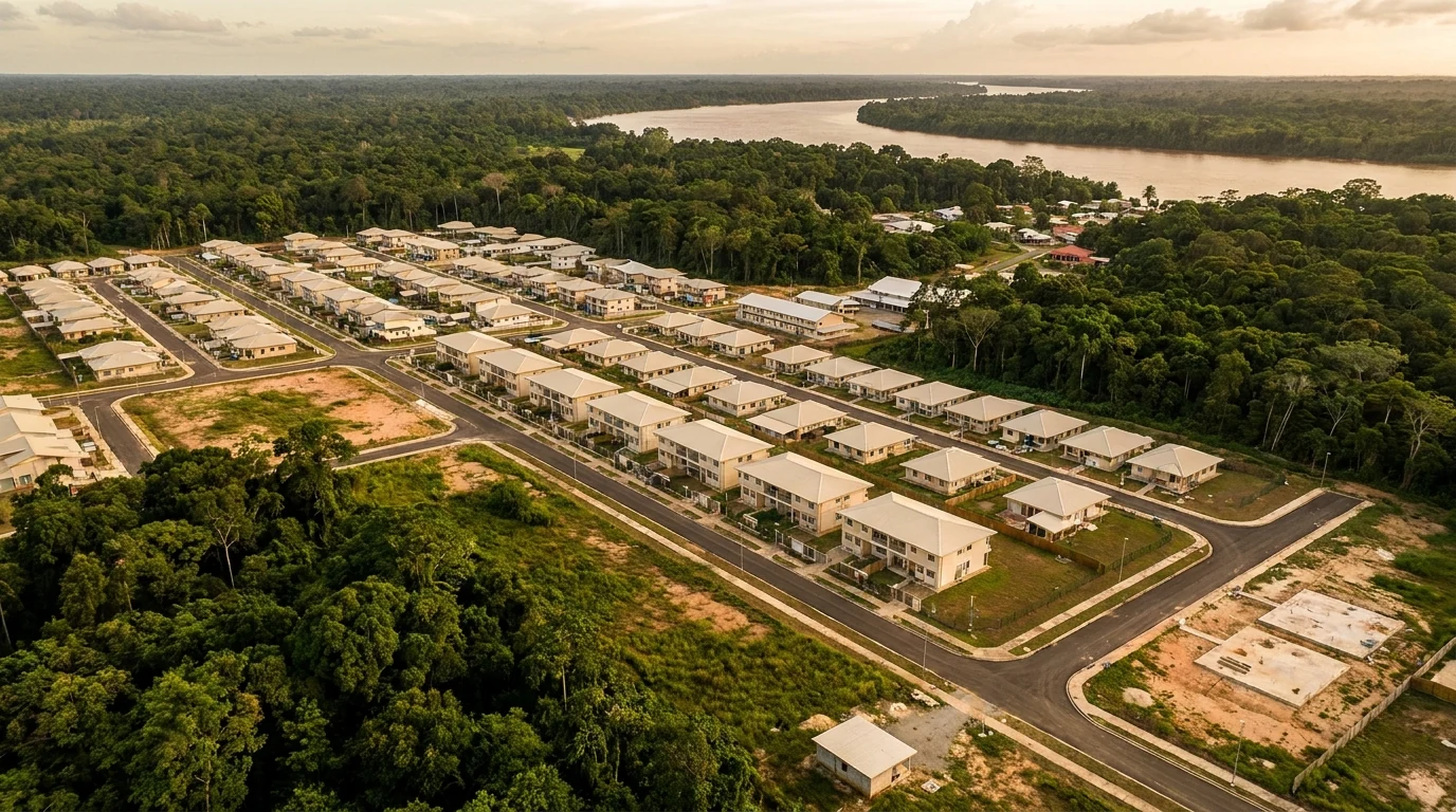 Vue aérienne d'un quartier résidentiel neuf en Guyane bordé par la forêt équatoriale, illustrant le bilan du dispositif Pinel outre-mer sur le territoire guyana